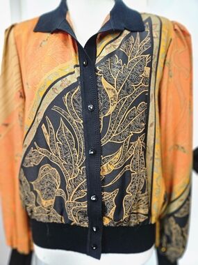 Vintage Blouse Black & Orange Patteen With Rhinstone Buttons Fitted Waist